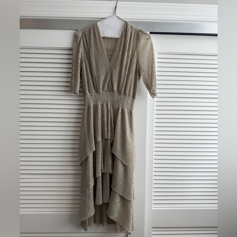Maje Gold Metallic Sheath Dress 3/4 Sleeve V Neck